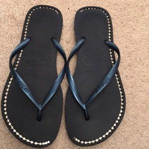 New Havaianas Blue Rhinestone Flip Flops 39/40